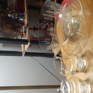 Import Associates glass bowl and tray, with sugar and cream glass servers.